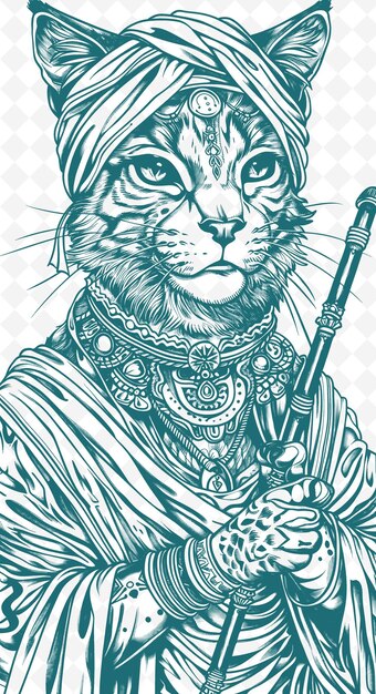 PSD le chat du bengale avec un charmeur de serpent turban et flûte ex animaux sketch art collections vectorielles