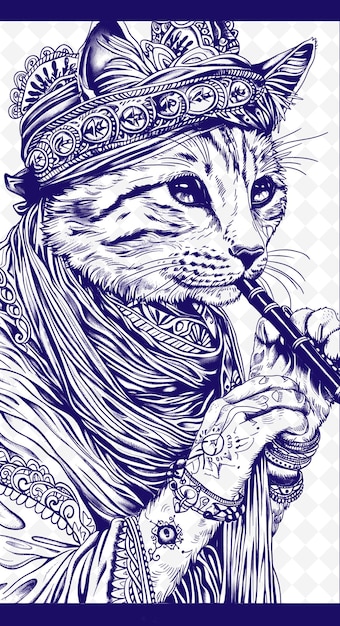 PSD le chat du bengale avec un charmeur de serpent turban et flûte ex animaux sketch art collections vectorielles