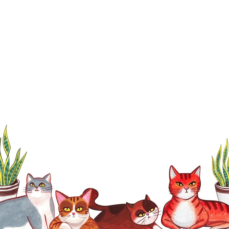 PSD un chat gris orange et brun est assis près d'une plante en pot dessinée à la main sur un cadre d'aquarelle