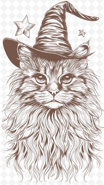 PSD le chat laperm portant un chapeau de sorcier avec une expression capricieuse animals sketch art vector collections