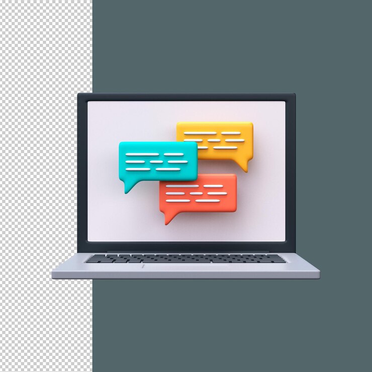 PSD chat en línea en la pantalla del portátil comunicación y concepto de intercambio de mensajes renderización 3d