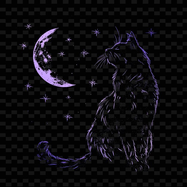 Un Chat Avec Une Lune Violette Et Des étoiles Sur Un Fond Noir