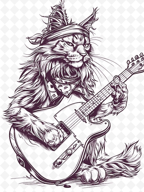 PSD le chat maine coon avec une guitare et un bandana à l'air de rock et de ro animals sketch art vector collections