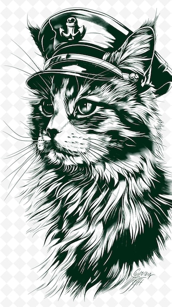 PSD le chat de manx portant un chapeau de marin avec une expression joviale portrait d'animaux sketch art collections vectorielles