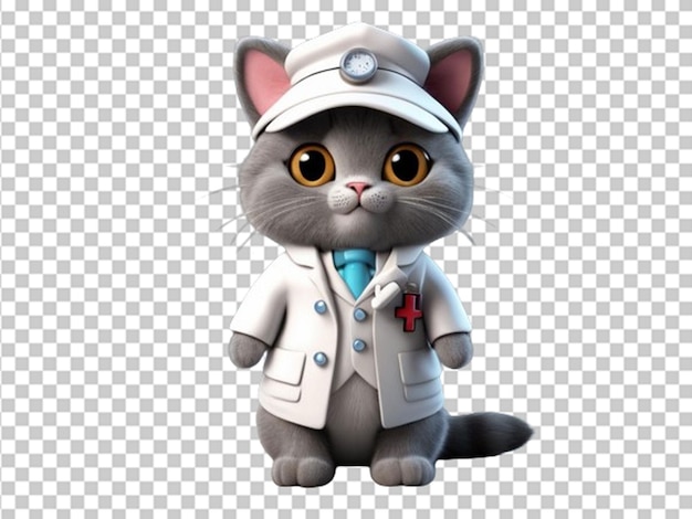 PSD un chat médecin gris mignon en 3d dans une veste médicale blanche.