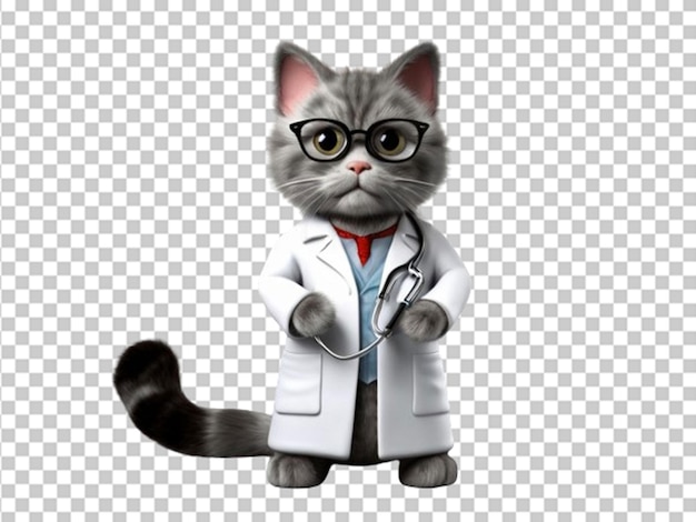 Un chat médecin gris mignon en 3D dans une veste médicale blanche.