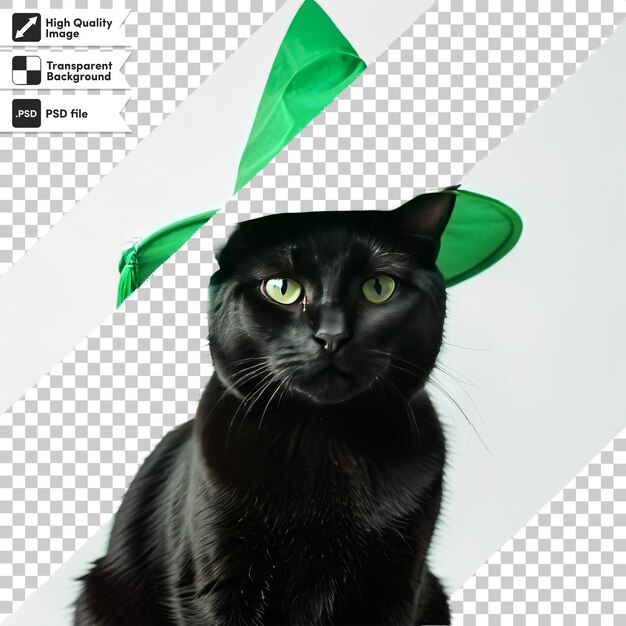 PSD un chat noir avec un chapeau vert sur la tête