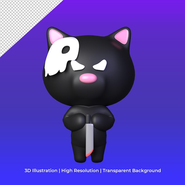 Chat noir de personnage mignon 3d avec masque et tenant un couteau