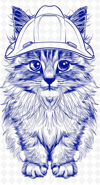 PSD le chat à poil de fil américain portant un chapeau dur avec une exp diligente animals sketch art vector collections