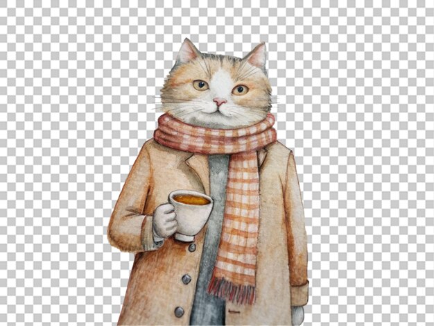 Chat Portant Un Manteau Et Un Foulard Et Tenant Une Tasse De Sur Blanc Transparent