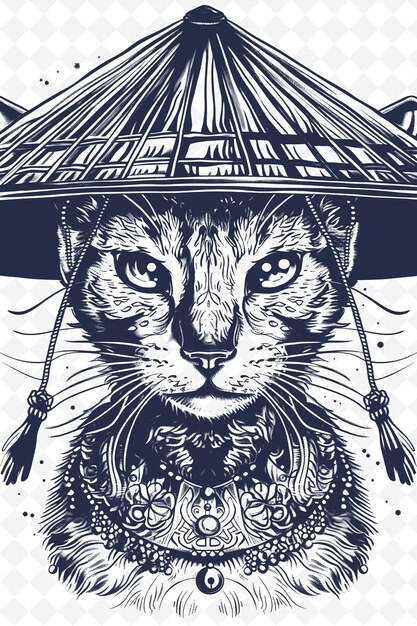 PSD le chat porte un chapeau traditionnel chinois avec une collection de vecteurs d'art de croquis d'animaux sages