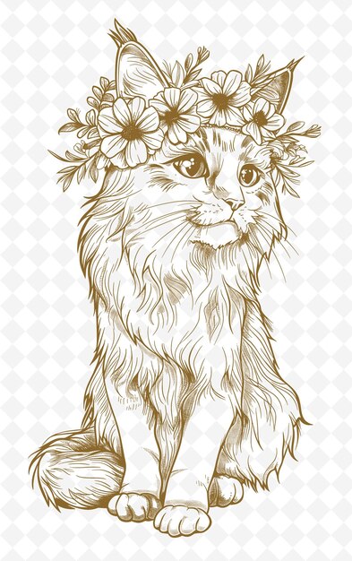PSD un chat poupée avec une couronne de fleurs qui a l'air doux et innocent p animals sketch art vector collections