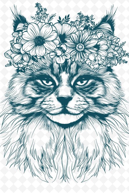 PSD un chat poupée portant une couronne florale avec une expression sereine animaux sketch art collections vectorielles