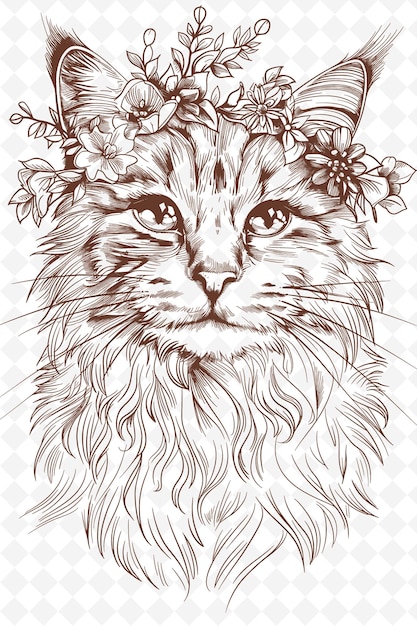 PSD un chat poupée portant une couronne florale avec une expression sereine animaux sketch art collections vectorielles