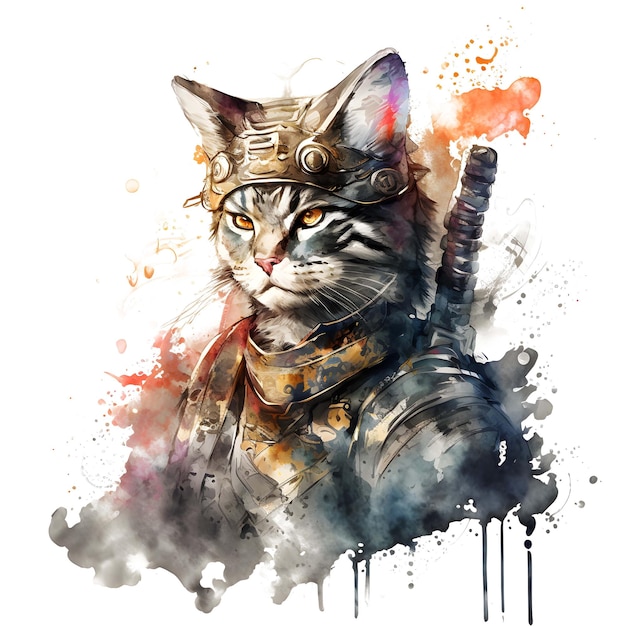 Chat Samouraï Avec Style Japonais Pour Tshirt Clipart Design Aquarelle Pinceau Art