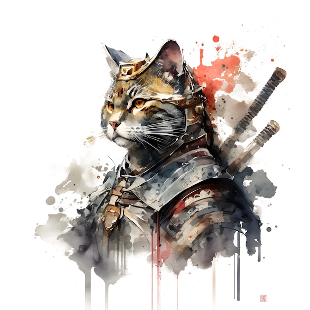 Chat samouraï avec style japonais pour tshirt clipart design aquarelle pinceau art