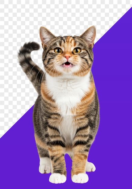 Un chat tabby heureux avec la bouche ouverte