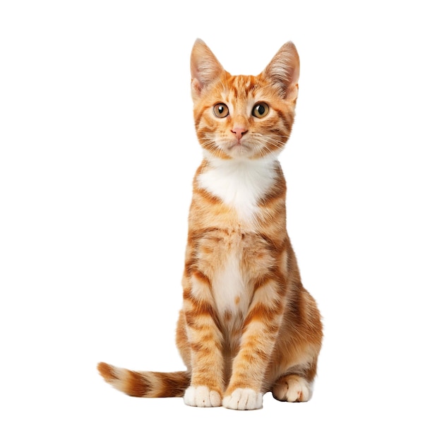 Un chat tigré roux assis attentivement sur un arrière-plan transparent