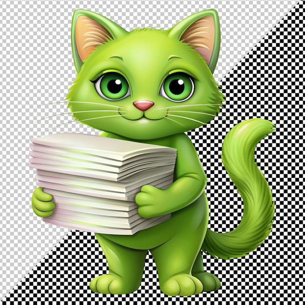 PSD chat vert avec une pile de papier vectoriel sur un fond transparent
