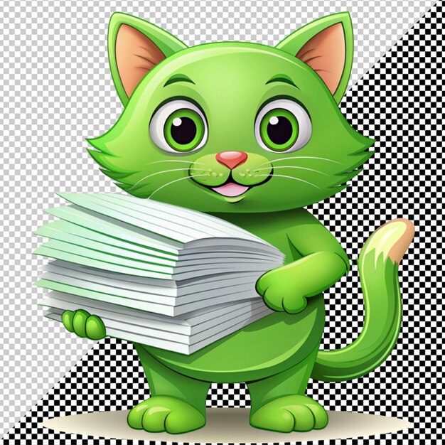 PSD chat vert avec une pile de papier vectoriel sur un fond transparent