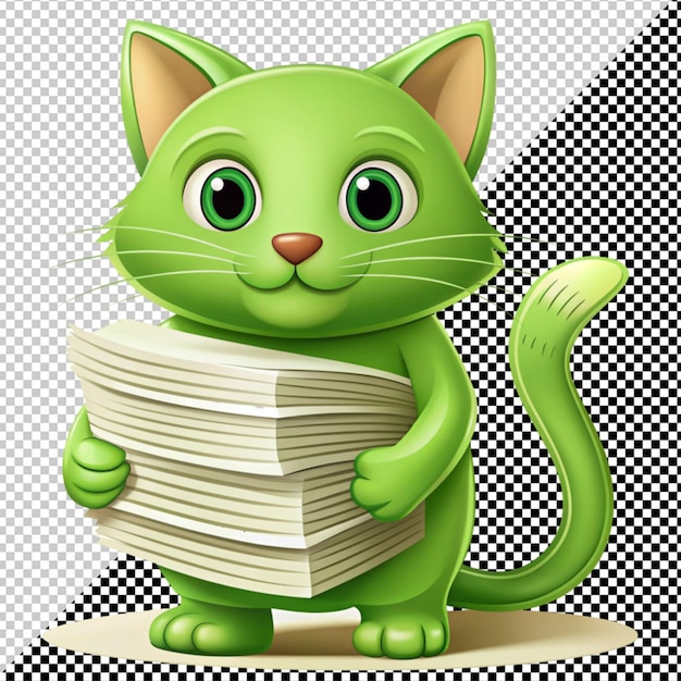 PSD chat vert avec une pile de papier vectoriel sur un fond transparent