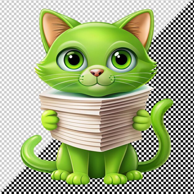 PSD chat vert avec une pile de papier vectoriel sur un fond transparent