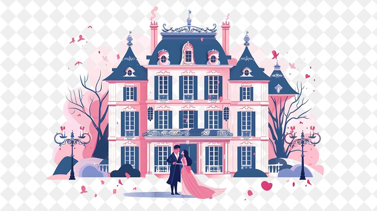 PSD chateau francês com a bela e a besta tendo um estilo de vida romântico