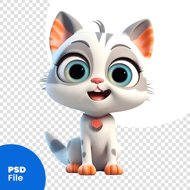 PSD chaton de dessin animé avec expression de surprise sur fond blanc modèle psd d'illustration 3d