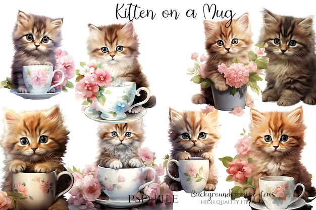 Chaton sur tasse aquarelle