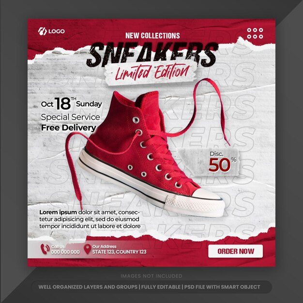 PSD chaussure promotionnelle de modèle instagram avec style de fond rouge en papier grunge pour le modèle de bannière marketing