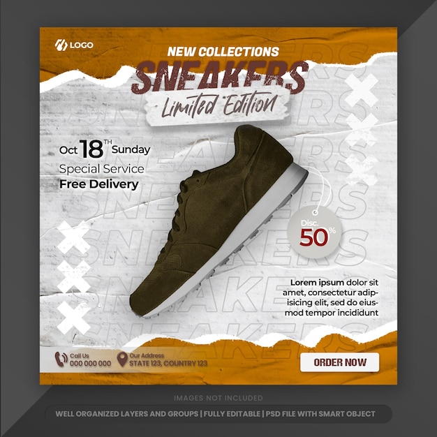 PSD chaussure promotionnelle post instagram avec style de fond de papier grunge pour le modèle de bannière marketing