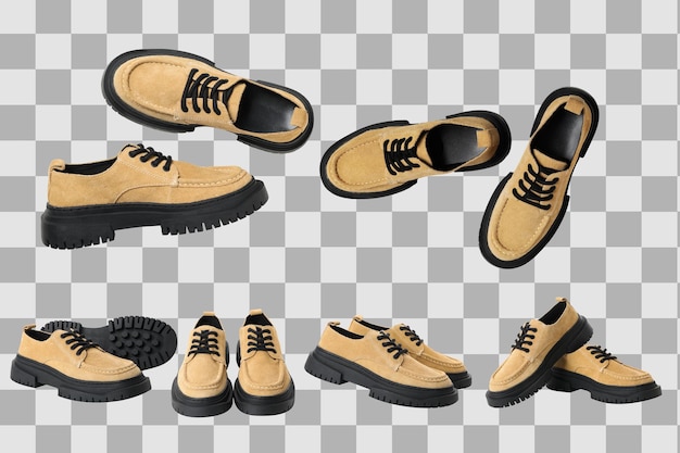 Ces chaussures en daim ont une semelle noire parfaite pour divers réglages isolés sur PNG blanc