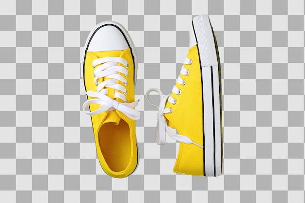 Chaussures d'été Sneakers jaunes confortables avec des lacets blancs et des accents noirs parfaits pour le port occasionnel isolés sur PNG blanc