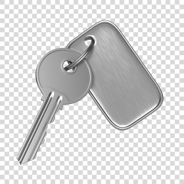 PSD chave de porta metálica com chaveiro de aço e etiqueta em branco para texto ou número isolado em fundo branco 3d