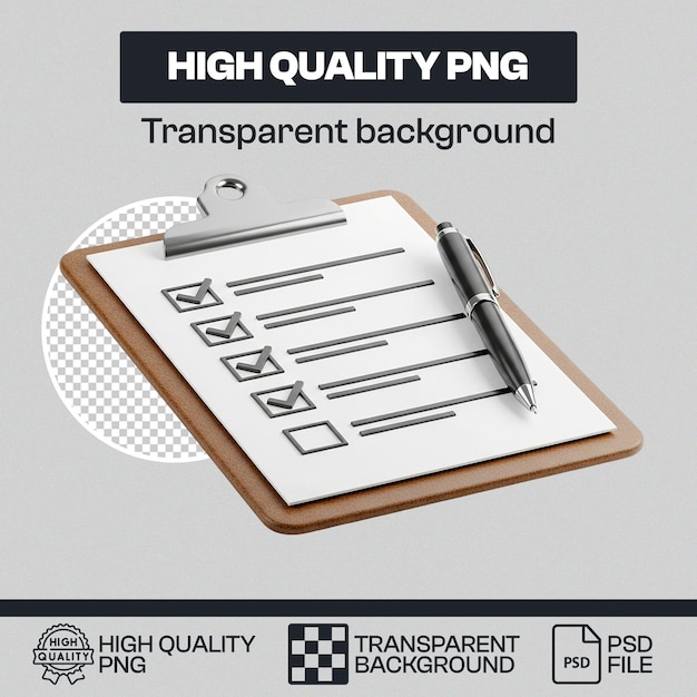 Checklist on Clipboard with Pen - High Quality PNG Transparent Background