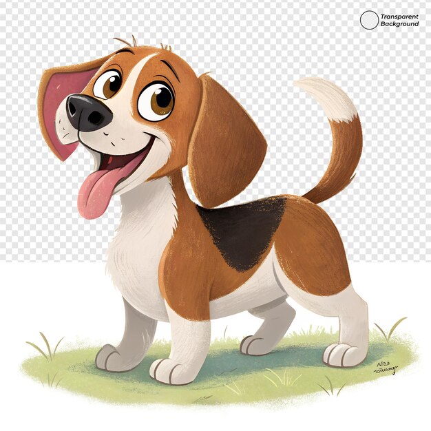 Cheerful cartoon beagle puppy with tongue out smiling on green grass