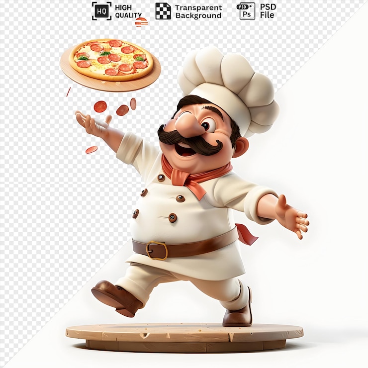 PSD cheerful cartoon chef lanciando pizza e fette di pepperoni in aria su uno sfondo trasparente