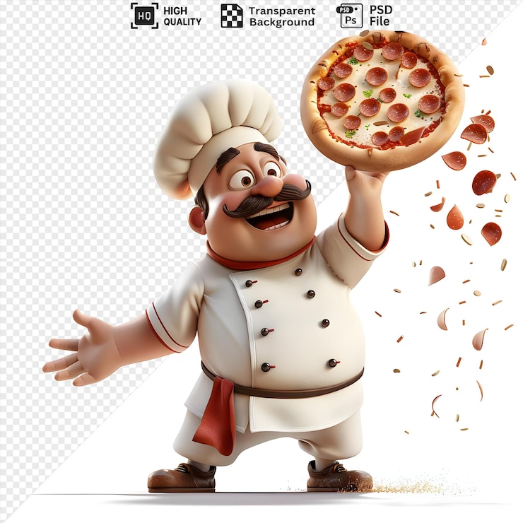 PSD cheerful chef che tiene una pizza di pepperoni con topping che volano isolati su uno sfondo trasparente