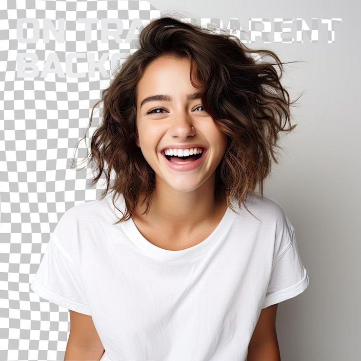 PSD cheerful felice giovane ragazza bella guardando la telecamera sorridendo su uno sfondo trasparente