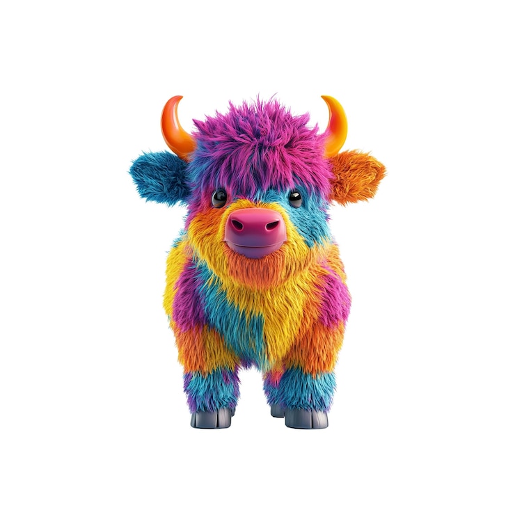 PSD cheerful rainbow highland cow calf render 3d