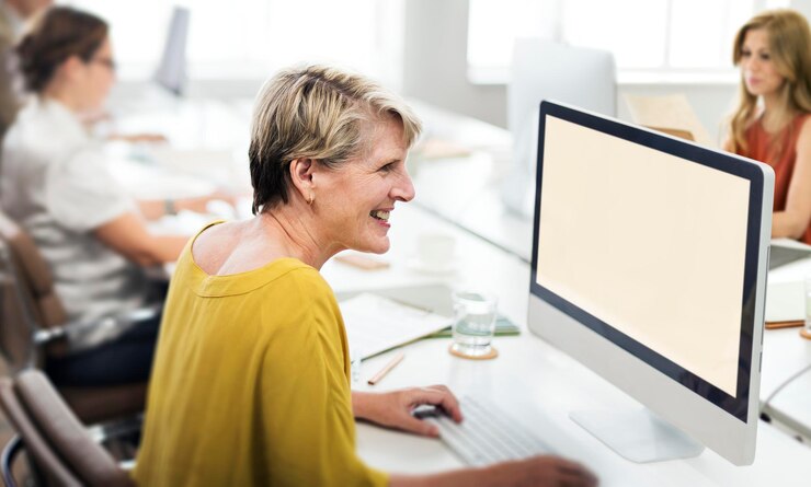 PSD cheerful woman using the computer
