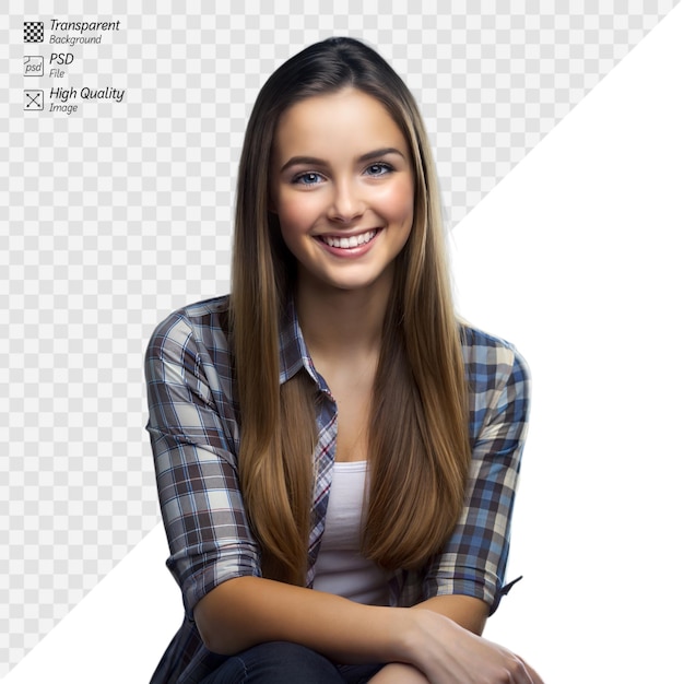 PSD cheerful young woman in plaid shirt posing with a smile