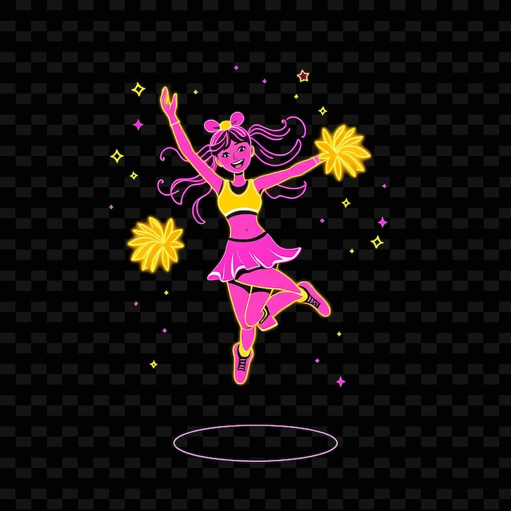 PSD cheerleader jumping neon cartoon art design con tema di colore rosa brillante e giallo decorato con spirito