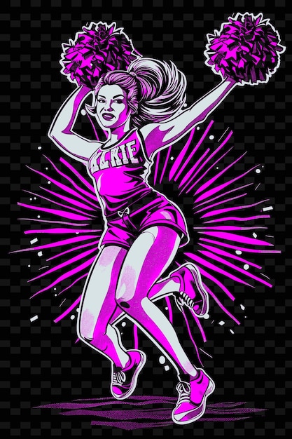 Cheerleader realizando acrobacia com uniforme e pom poms com ilustração flat 2d sport background