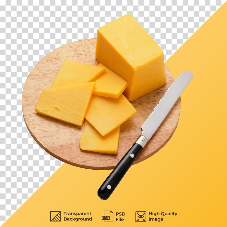 PSD cheese on wooden tray with knife
