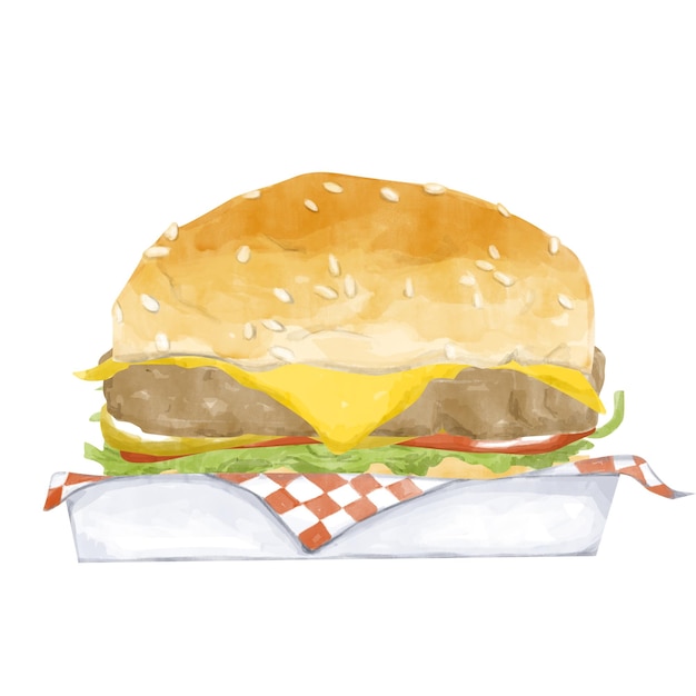 Cheeseburger acuarela en contenedor Ilustración Clipart para el diseño de menús Impresión Web y textiles