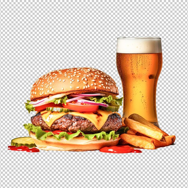 PSD cheeseburger avec de la bière isolée sur fond blanc