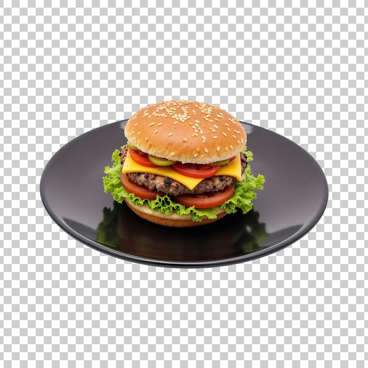 PSD cheeseburger clásico con tomate de lechuga y queso sobre un fondo transparente