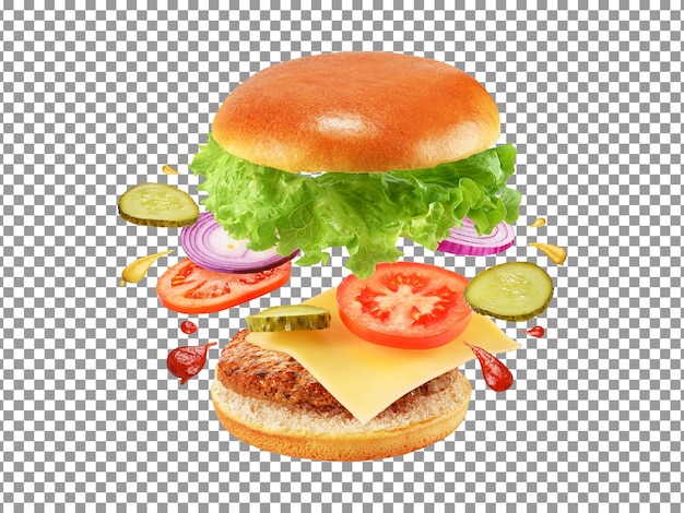 Cheeseburger de ingrediente voador em fundo transparente
