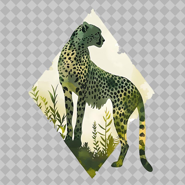 PSD cheetah di dalam siluet berlian sabana dihiasi dengan koleksi kehidupan liar cat air png